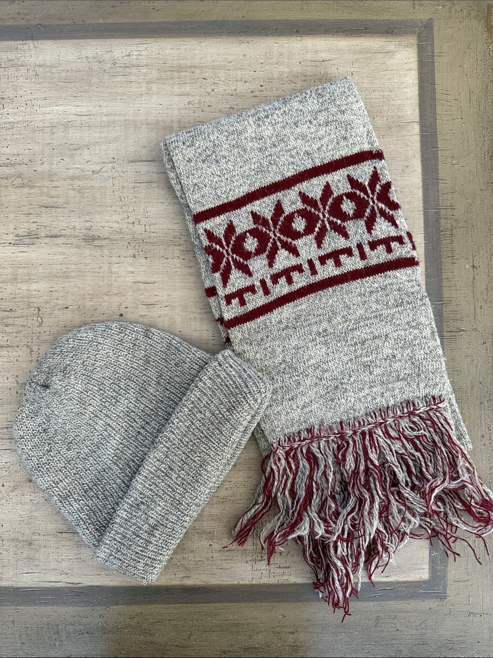 Cozy Gray Knit Beanie & Fringe Scarf Set with Burgundy Fair Isle